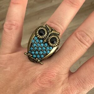 Women's Chunky Retro Vintage Owl Ring Elastic Band Antique Gold Blue Rhinestones
